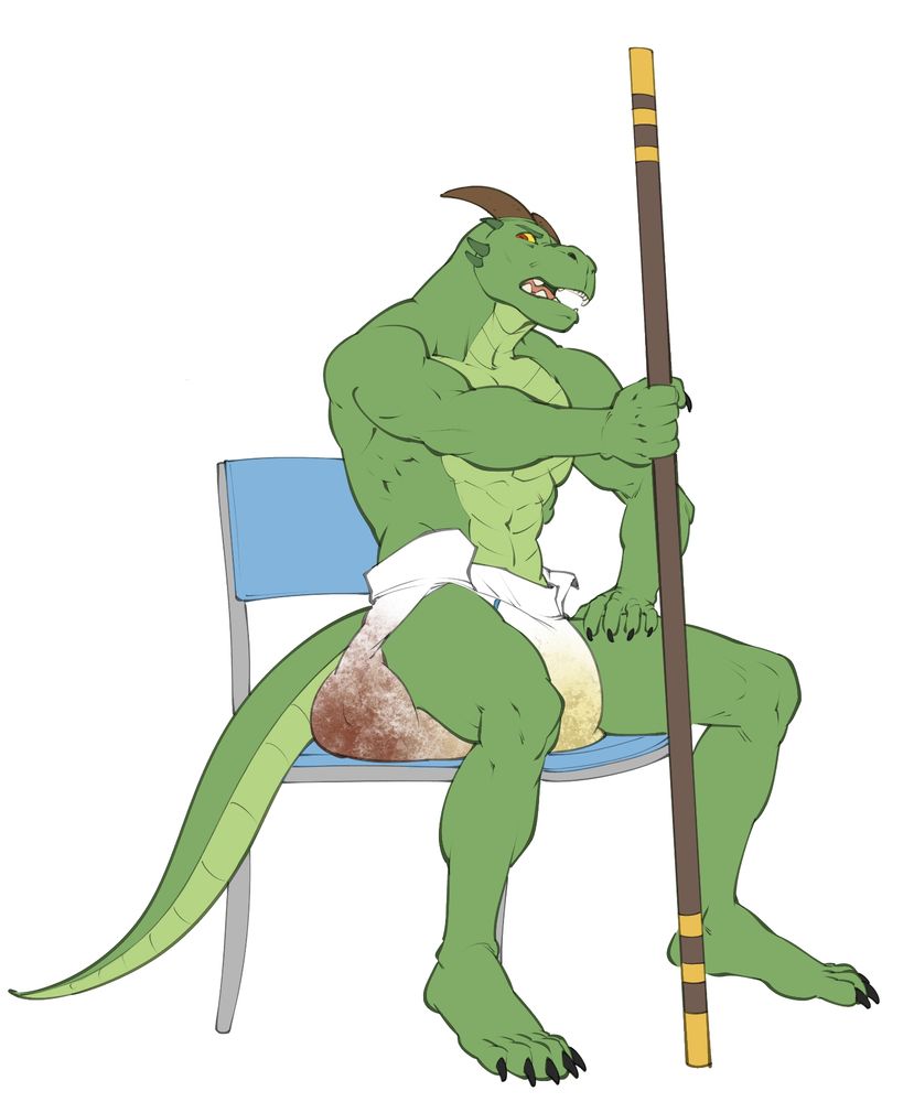 A muscular green dragonborn man sits on a chair, wearing only a heavily used diaper. He is gripping a quarterstaff for support and looking towards someone unseen with an irritated expression.