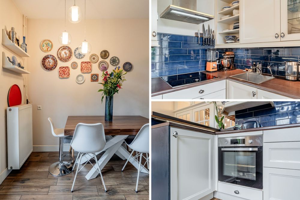Een collage van drie foto's van de keuken. 
1 met keukentafel en stoelen met een bos bloemen en een aantal borden aan de muur.
2 een keukenblok met kastjes met aanrecht en afzuigkap
3 keukenblok vanuit laag standpunt gefotografeerd met oven.
