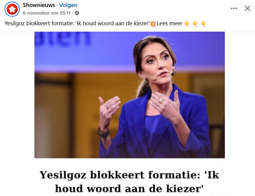Facebook post van het programma Shownieuws met als tekst Yesilgoz blokkeert formatie:"Ik houd woord aan de kiezer. Lees meer. Met daaronder een foto van Yesilgoz in een blauw colbertje met daaronder de tekst: Yesilgoz blokkeert formatie als deel van de foto