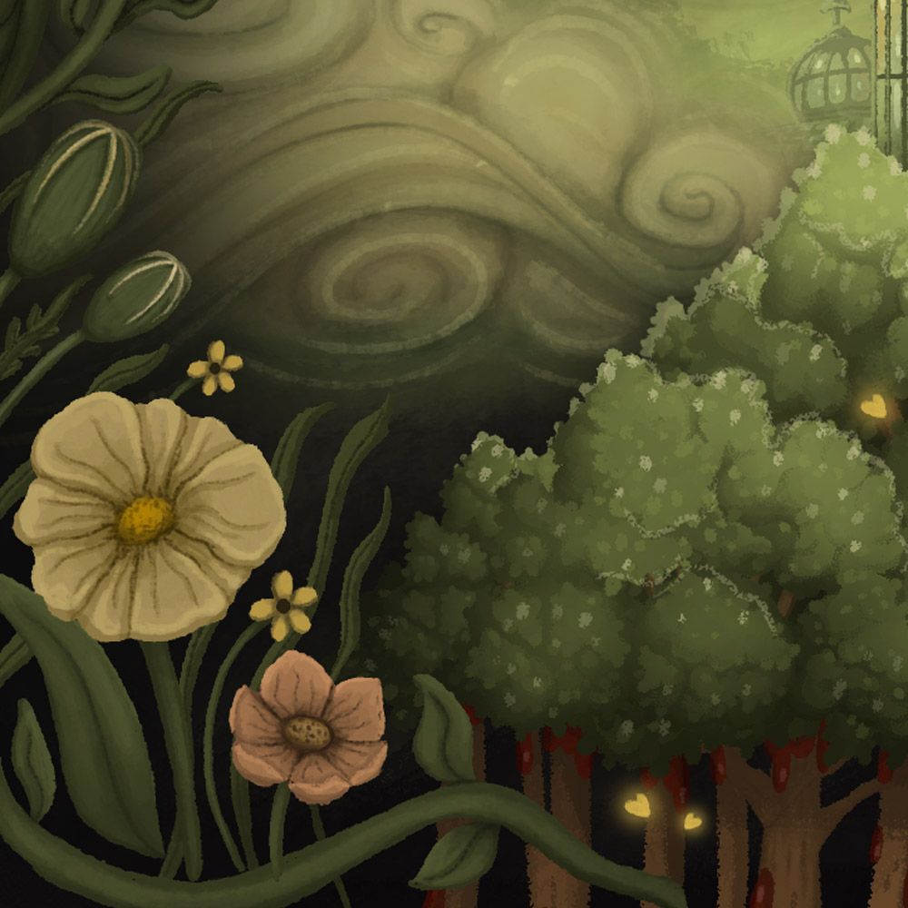 Illustrated flowers and vines with swirling clouds behind a grove.