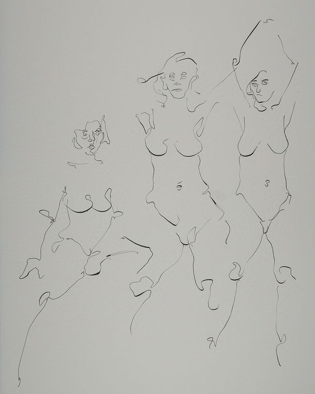 Three very fast ink sketches of a seated woman and two women standing next to her.