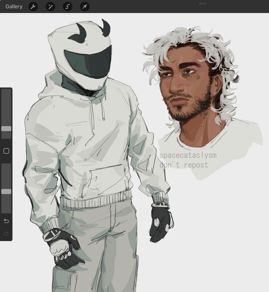 two digital drawings of my OC ace, on the left he is standing and wearing a white biker helmet with horns, a white hoodie and white pants. on the right there is a bust of his face, he is a brown man with dyed white hair and black roots, and a beard. he has some moles and a star tattoo under his eye