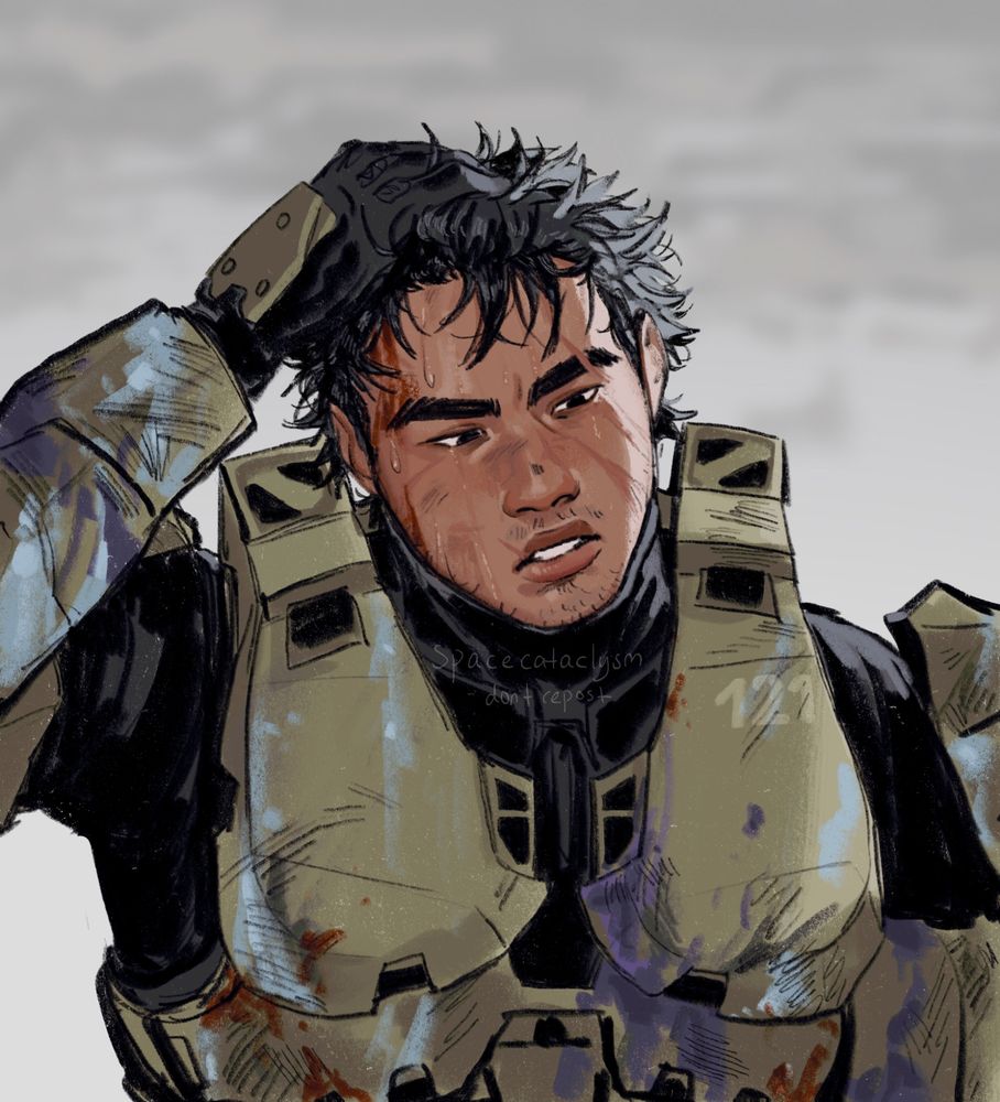 portrait of my halo oc cody. hes running his hand through his hair looking tired with sweat, dirt and blood on his face. hes wearing his green armor which is covered in blue and purple alien blood and some human blood