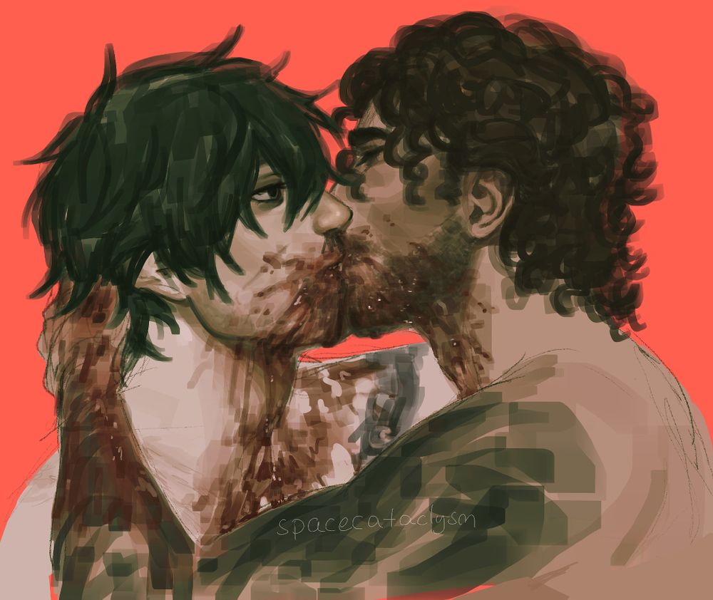 digital portrait painting of two guys kissing while shirtless and they're both covered in blood and have tattoos. the left one has his eyes open