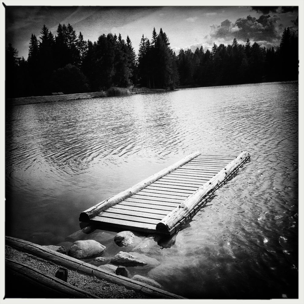 Una piattaforma in legno presso la riva di un lago alpino con gli abeti in lontananza