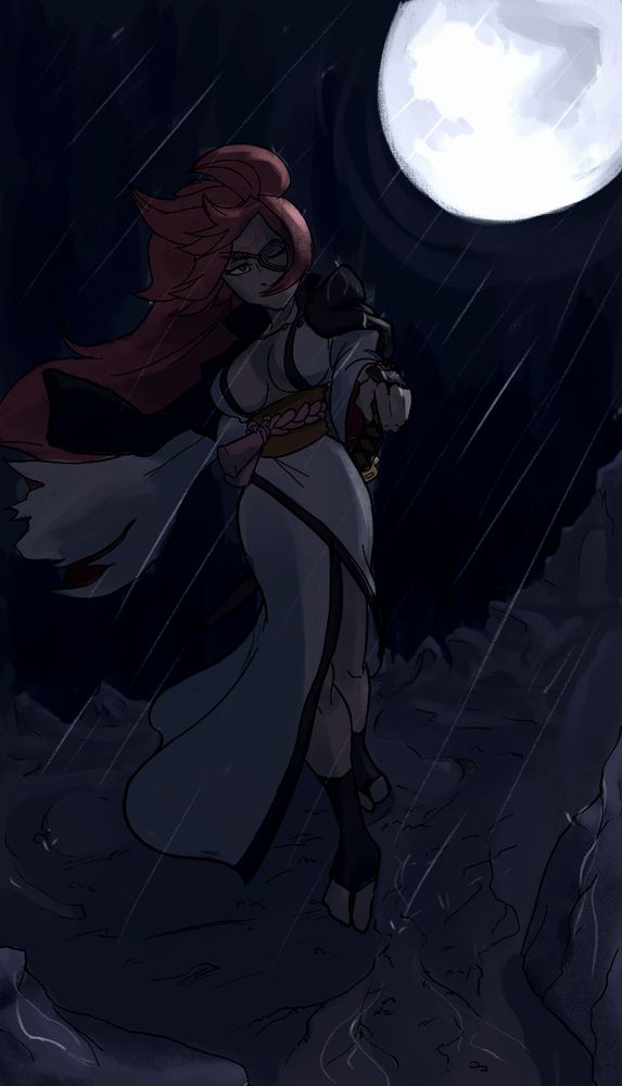 Baiken from Guilty Gear moonlit in the rain