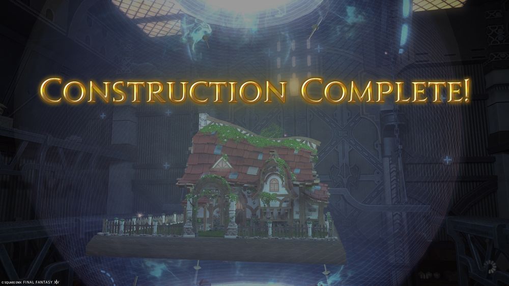 A screenshot of a house exterior in an FC workshop. Text overtop reads "construction complete!"