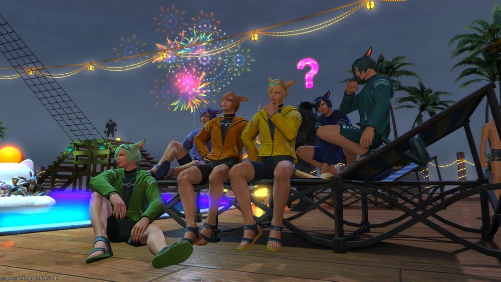 A screenshot of the Grainbow posed on and around a poolside lounge chair. Fireworks are exploding in the sky behind them. 