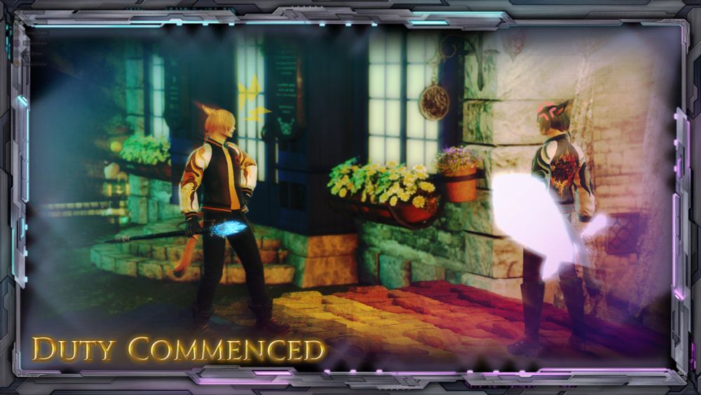 A screenshot of Orange and Teal facing off with weapons drawn. The screenshot has an industrial-looking frame and is adorned with stickers. Text on the lower left reads "DUTY COMMENCED."