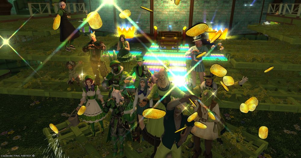 A screenshot of characters all dressed in green using various celebratory emotes. One of the catboys is throwing gil.