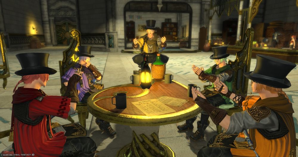 A screencap of the Grainbow sitting around (and on) a table in Idyllshire. They are all wearing top hats and having a spirited conversation. 