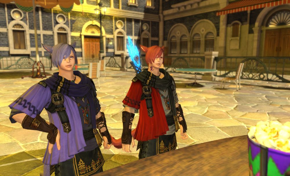 Screenshot of Purple standing next to G'raha Prime in Living Memory by the popcorn booth.