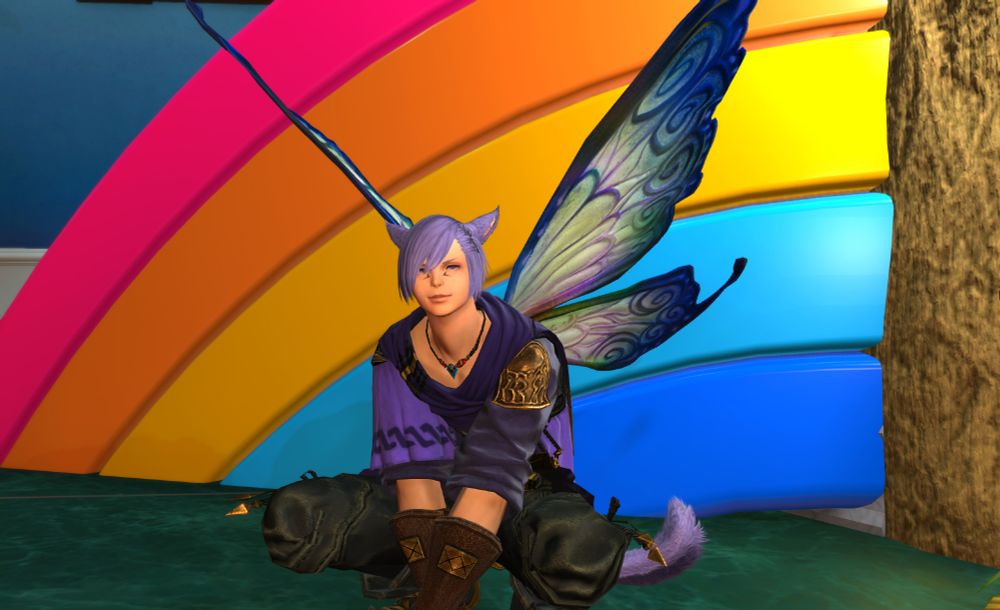 A screenshot of Purple crouched in front of a rainbow. He is wearing Statice wings.