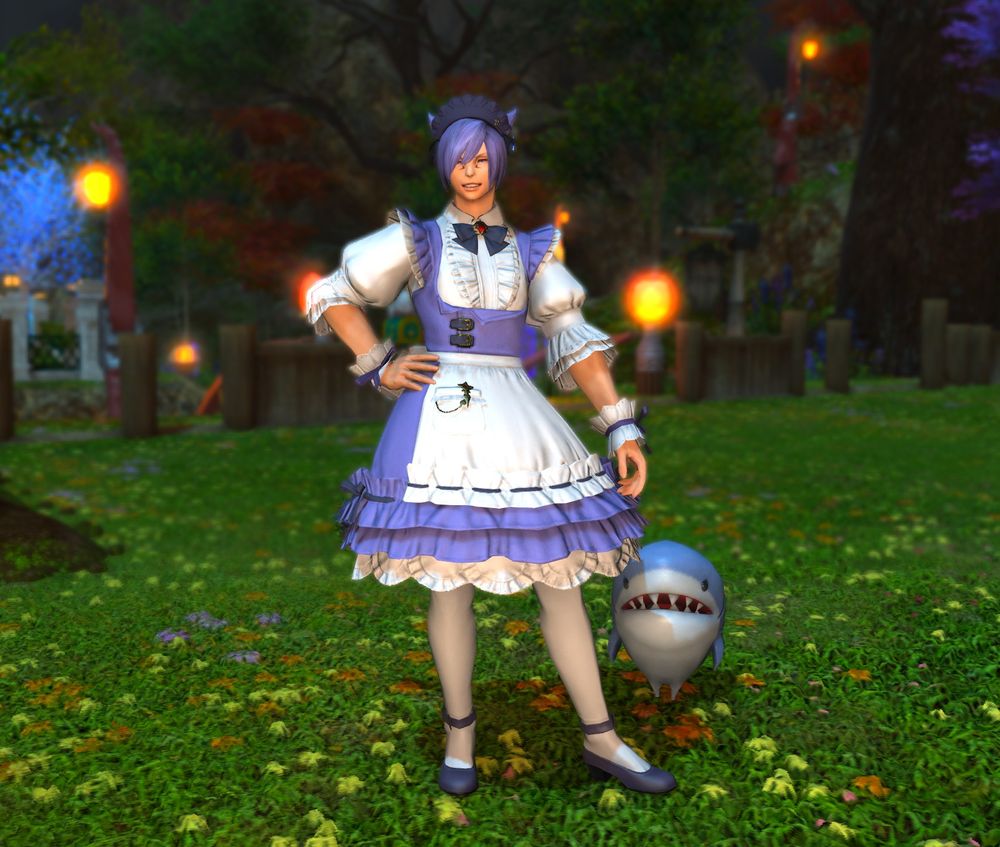 A screenshot of Purple wearing an appropriately-dyed maid outfit. He is grinning, in the midst of the joy emote. 