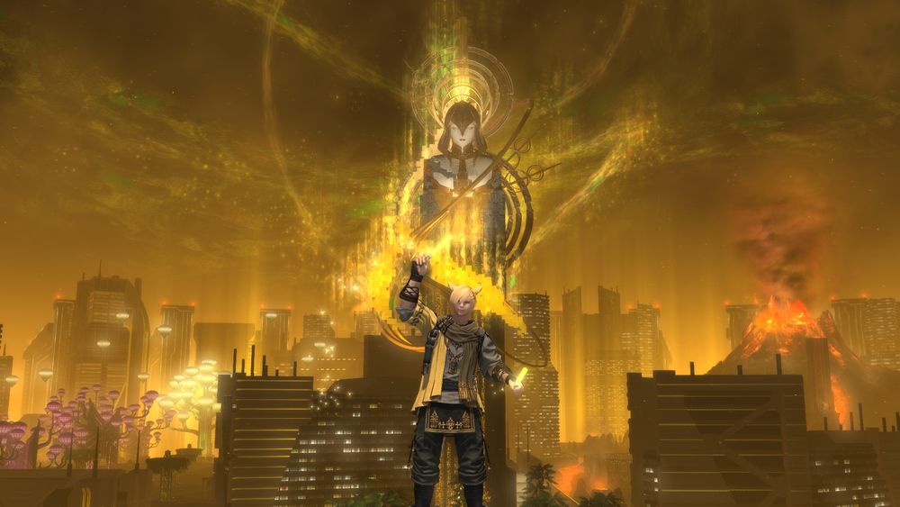 A screenshot of Yellow cheering with lightsticks in Living Memory. 