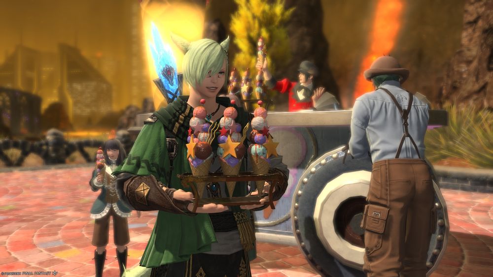 A screenshot of Green smiling and holding a brace of elaborate ice cream cones.