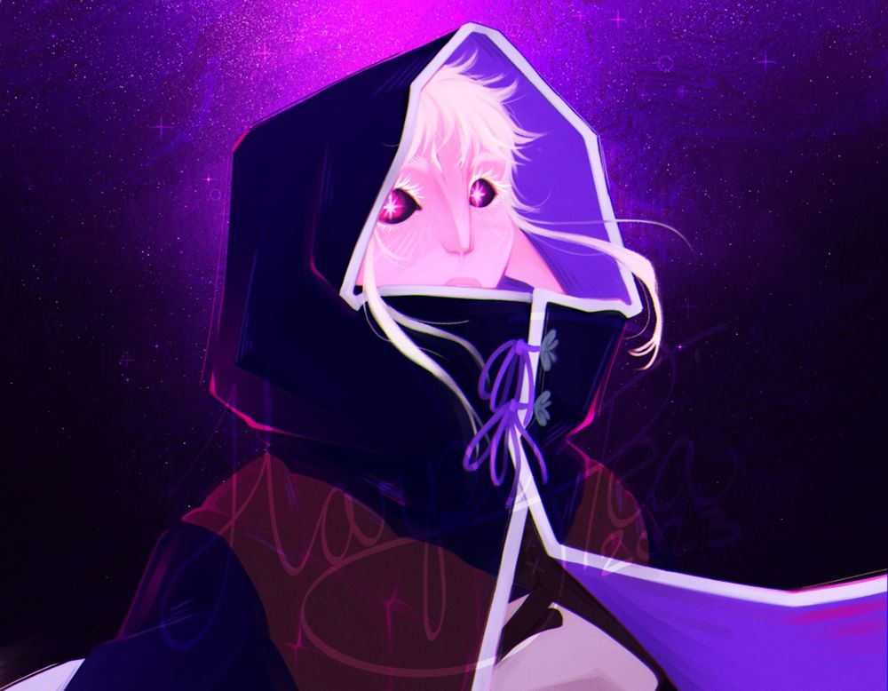 Pink Astral elf with a backdrop of a purple galaxy like sky. A shock of white hair peeks out from under her hood, purple lining contrasting the color of her face. Her eyes are like bright burning stars against the void of space.