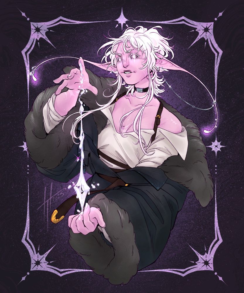 My character Odd, a pink skinned astral elf with scars on her wrists, the side of her face, and one large spider webbed scar in the center of her chest. She has shaggy wolf cut styled white hair, with two long strands on either side of her face trailing down to her chest. Her ears are long and end in two antenna like points. Her eyes are small galaxies with bright stars as the pupils. Her index finger is cut, bright silvery glowing blood, like molten starlight, is seeping out and dripping down to form an arrow.she is dressed in a loose flowy shirt, and a large fur trimmed winter coat.