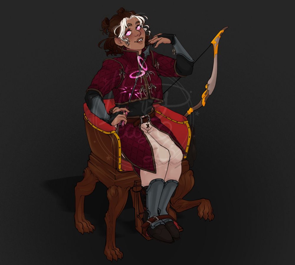 A kalashtar in an enchanted wheelchair that looks like a clawfoot chair, with pink eyes and an enchanted arrow in hand. Her hair has a white streak in the front framing her face on either side.