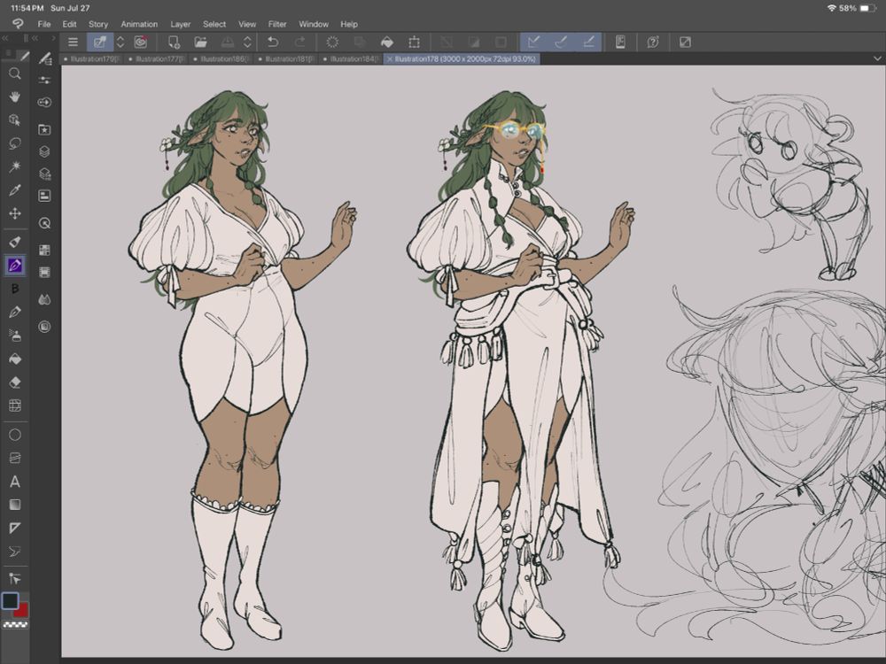 Dress up wip of a femme eladrin elven woman, with olive green hair and tan skin. She is dressed in a fancy adventuring outfit.