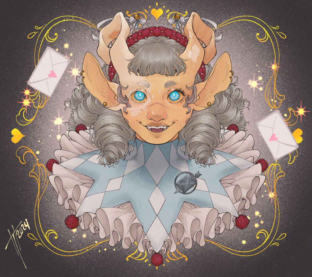 Symmetrical bust of a yellow tiefling. She has vitiligo on the left side of her face going all the way up her horn. Her hair is in large silver ringlets, and her horns curl in a corkscrew pattern. She’s wearing a large jesters collar with ruffles underneath.