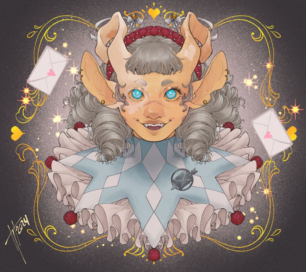 Symmetrical bust of a yellow tiefling. She has vitiligo on the left side of her face going all the way up her horn. Her hair is in large silver ringlets, and her horns curl in a corkscrew pattern. She’s wearing a large jesters collar with ruffles underneath.