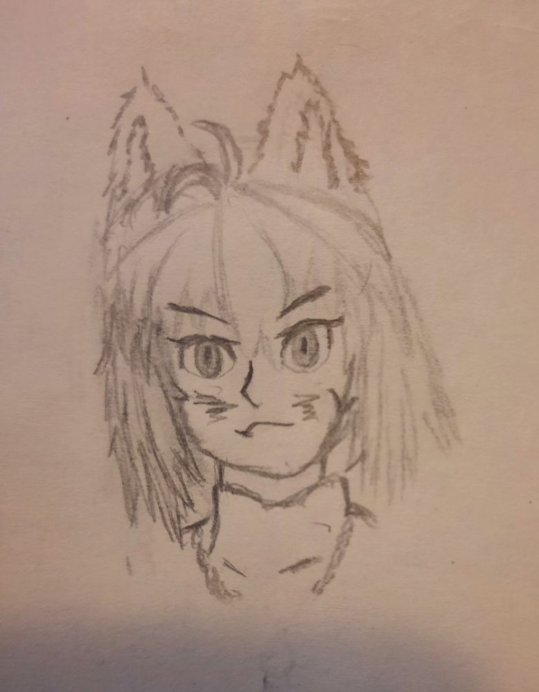 a sketch of arcueid with cat ears, she's pouting and looking annoyed
