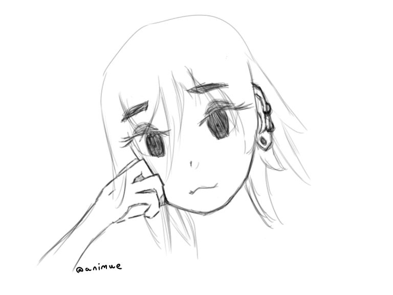 Sketch of an anime girl with feathered short hair, eyeshadow, and piercings.