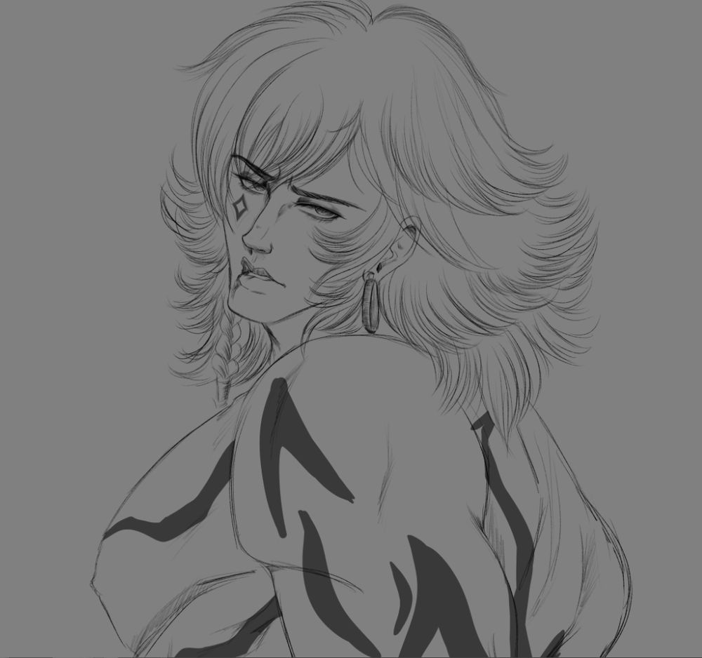 it is a sketch of a man with large muscles and fluffy layered hair and an earring. the man also has intricate tattoos on his body