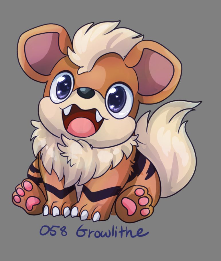 Growlithe is an orange puppy pokemon that looks alot like a tiger. has black stripes and is sitting with pink toe beans. his eyes are sparkly and blue and has an open mouthed happy expression with two fangies in his mouth. Growlithe has a cream colored muzzle, fluffy chest mowhawk and fluffy cream tail