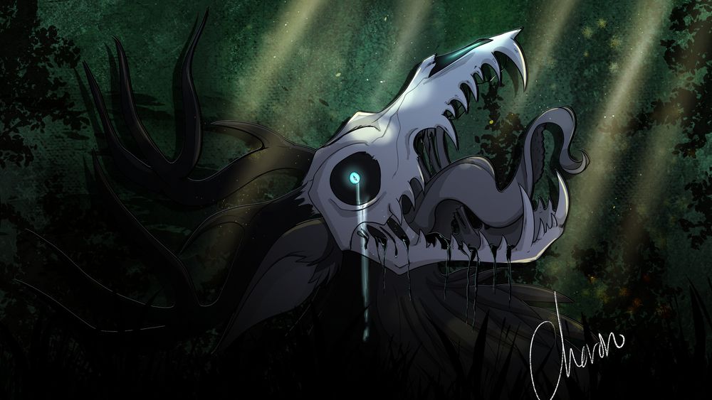 it is a deer with a skull head, a glowing blue eye and sharp teeth infront of a green background ment to look like  the woods with dappled sunlight overhead on the skull