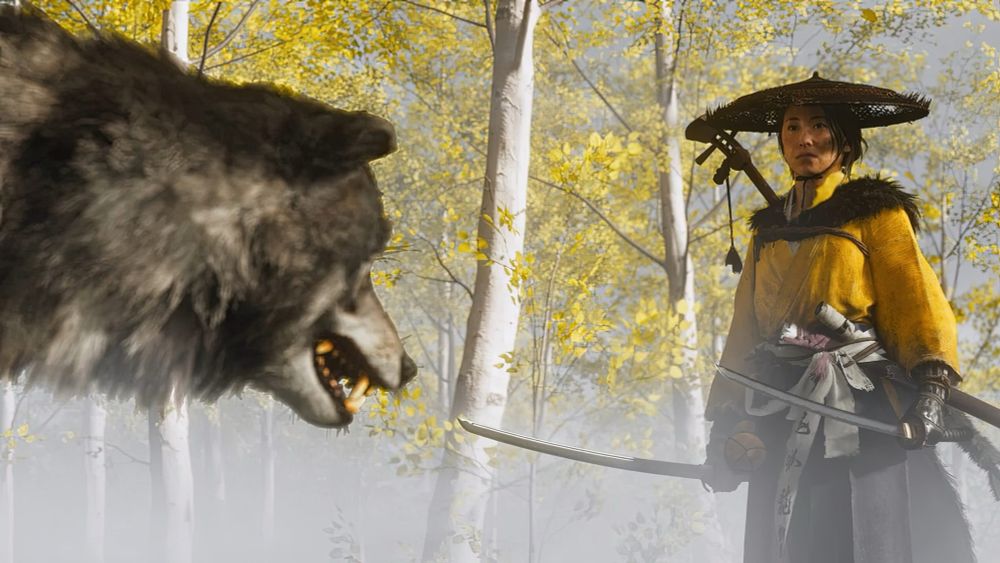 Atsu looking at wolf in a screenshot of Ghost of Yōtei.