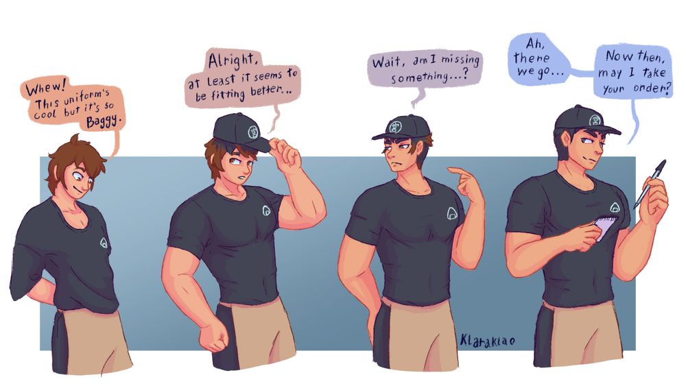 4 panel sequence of a man transforming into Osamu Miya from Haikyuu. In the first panel the man is thin and small, he's tying an apron and wearing a very baggy black shirt with a small onigiri logo. He's looking down smiling and saying "Whew! This uniform's cool but it sure is baggy.". In the second panel he's grown in height and in muscles, the uniform now fitting tightly around his body. He's putting on a branded black bap, his brown fluffy hair becoming black under it, and saying "Alright, at least it seems to be fitting better...". In the third panel he's looking around confused, tapping his pockets and searching for something. His face is shifting to adopt Osamu Miya's features, most of his hair now black, and saying "Wait, am I missing something...?". In the final panel, now fully Osamu Miya, he's smiling and looking at the camera, holding up a notepad and a pen. He's saying "Ah, there we go... Now then, may I take your order?"