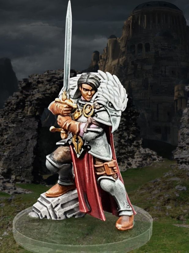 Female knight with a griffin head on her shoulders, she is wealding a two handed sword.