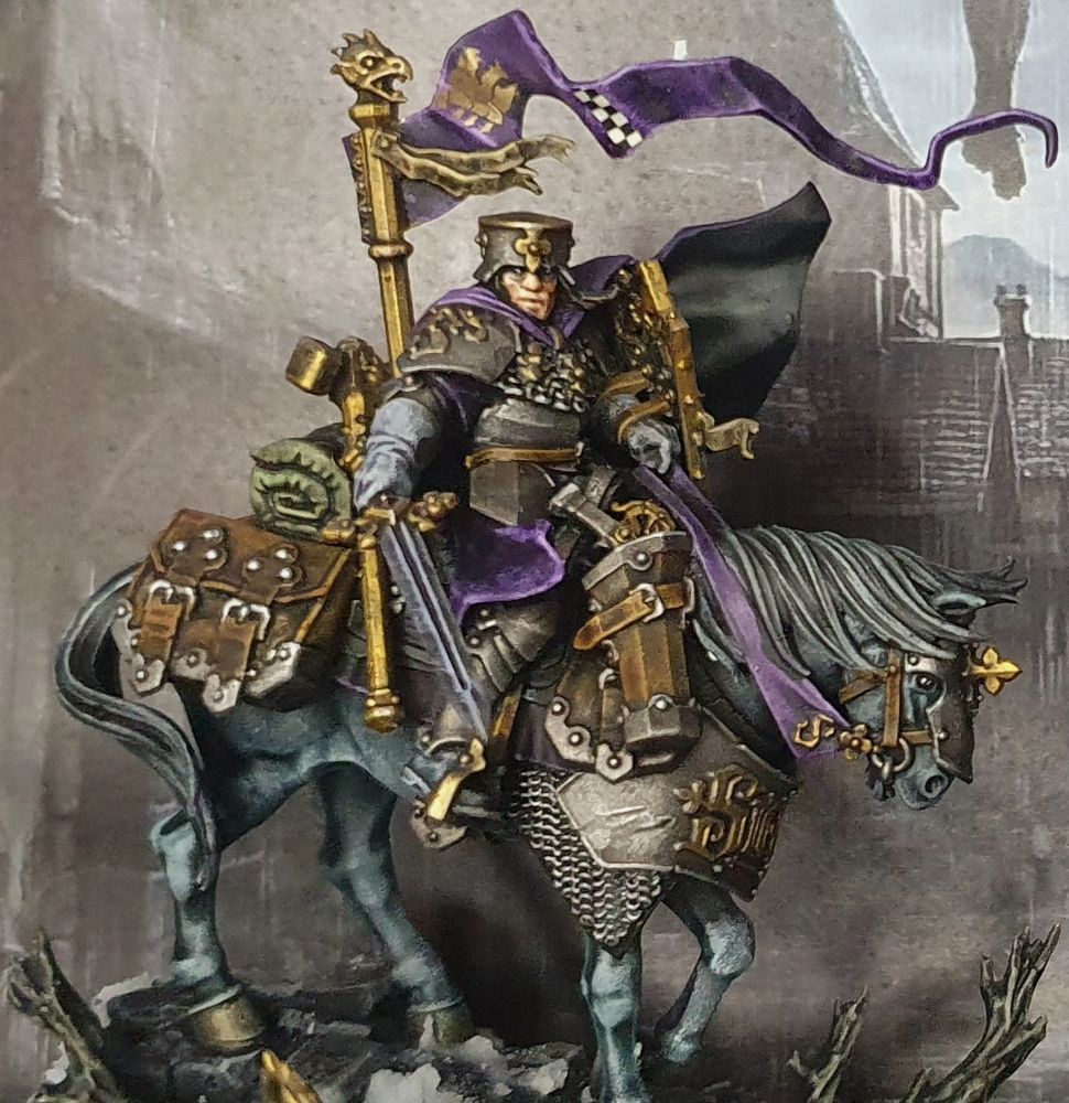 A knight on his dark grey horse yelding a long sword. He is wearing a cape and clothes that are purple.