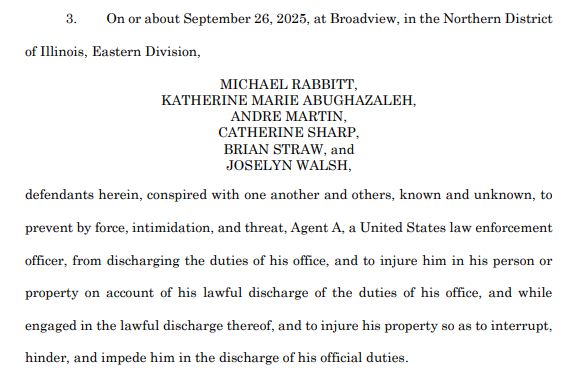 3. On or about September 26, 2025, at Broadview, in the Northern District of Illinois, Eastern Division, MICHAEL RABBITT, KATHERINE MARIE ABUGHAZALEH, ANDRE MARTIN, CATHERINE SHARP, BRIAN STRAW, and JOSELYN WALSH, defendants herein, conspired with one another and others, known and unknown, to prevent by force, intimidation, and threat, Agent A, a United States law enforcement officer, from discharging the duties of his office, and to injure him in his person or property on account of his lawful discharge of the duties of his office, and while engaged in the lawful discharge thereof, and to injure his property so as to interrupt, hinder, and impede him in the discharge of his official duties.