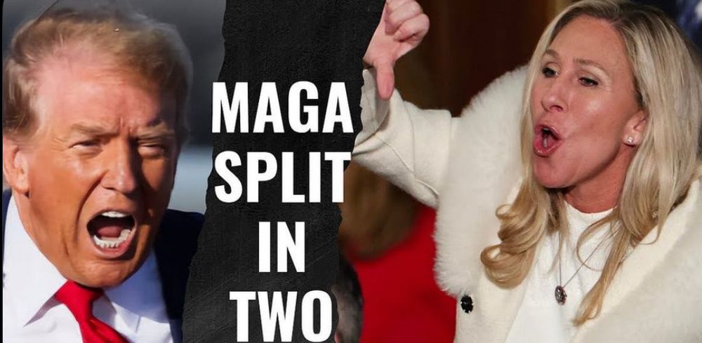 Trump and Marjorie Taylor Greene shouting with headline "MAGA split in two"
