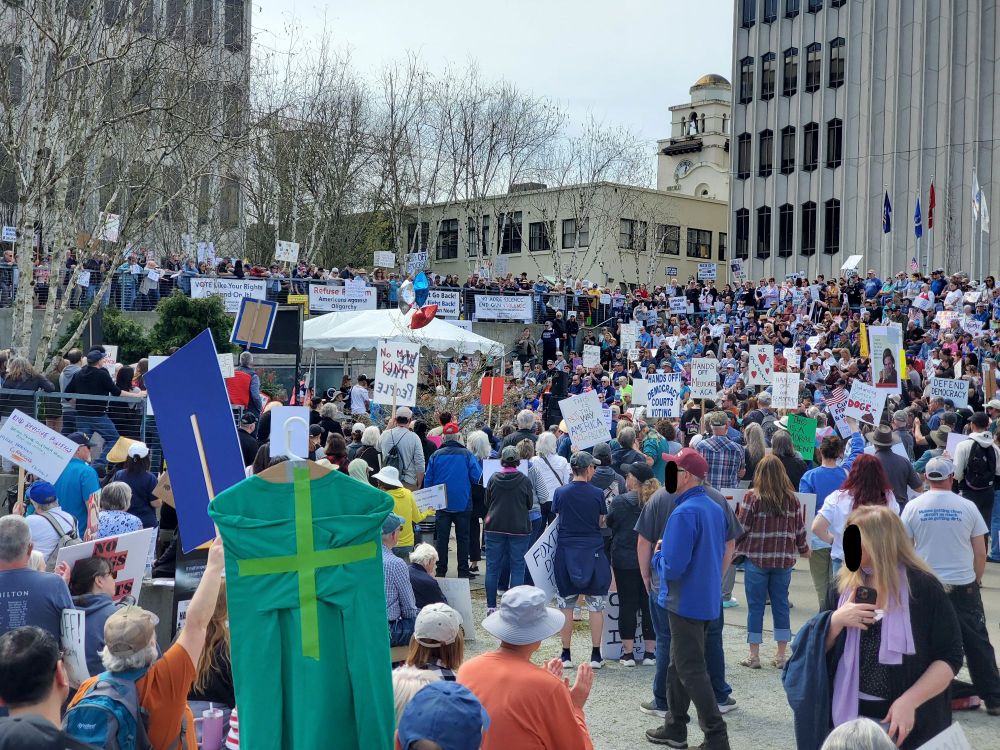 Photo of a crowd of hundreds of protesters at the "hands off" rally in Everett, Washington. Faces of two individuals in the foreground have been obscured at my discretion. Dozens of people hold signs with various messages against the current president and billionaire Elon Musk. 
