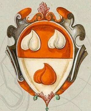 A watercolor coat of arms featuring three stylised pairs of testicles