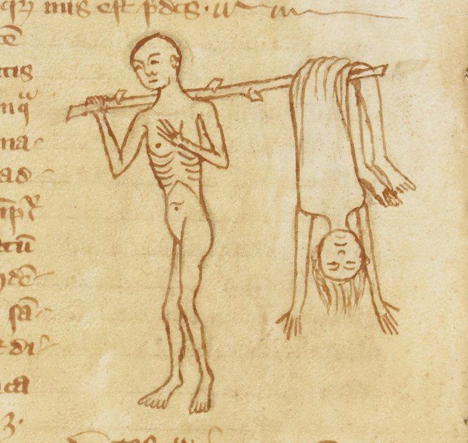 a medieval sketch of a flayed man carrying his skin around on a stick
