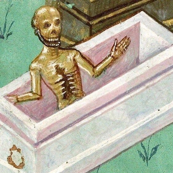 A medieval painting of a skeleton rising out of a coffin with its hands raised like "hey guys what's up!!"
