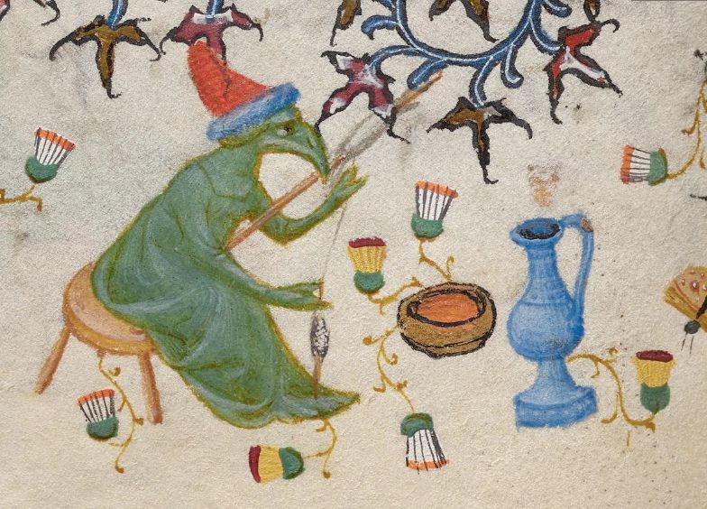 a medieval drawing of a woman in a green dress with the head of a green bird who's spinning wool and drinking wine