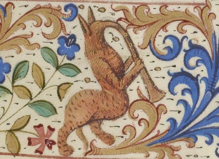 a medieval drawing of a creature playing its own nose, which is shaped like a clarinet