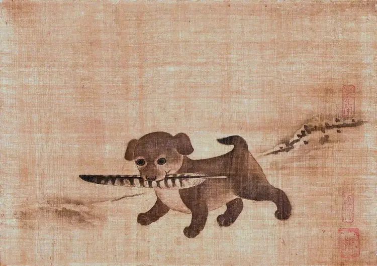 a drawing of a puppy holding a feather in its mouth 