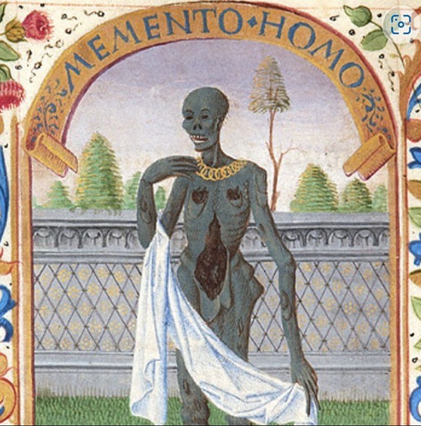 a medieval drawing of a corpse with a gold necklace rising out of a grave. There is a scroll drawn above him in an arch shape that has “memento homo” written on it
