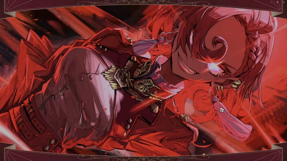 A red-haired woman with sharp teeth and sharper eyes grins at the camera, ready for violence.