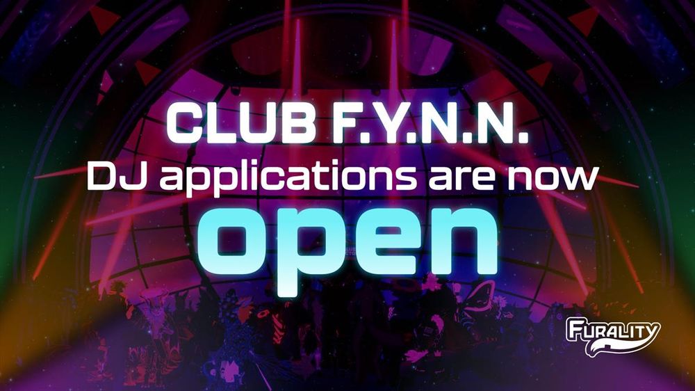  "Club F.Y.N.N. DJ applications are now OPEN" promotional graphic, coupled with a shot from a packed Furality Umbra Club F.Y.N.N. dancefloor as a backdrop.