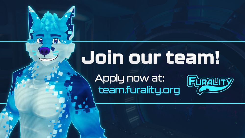 Graphic featuring a smiling F.Y.N.N. 

Text: Join our team! Apply now at team.furality.org 