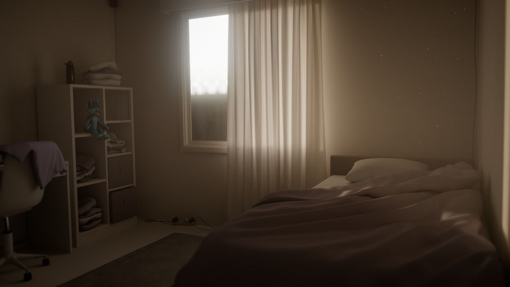 A simple bedroom, from the Furality Somna lobby intro. Morning light filters through curtains.