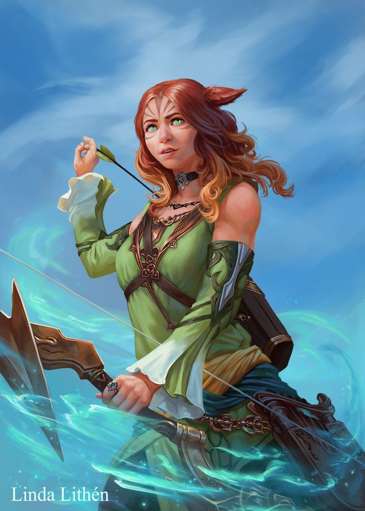 Red hair mi'qote (catgirl), in green tunic styled with shoulder cut outs, and bell sleeves fading to white at the wrists. She's holding a bow in her left hand and drawing an arrow with her right from over her shoulder while aether (energy) swirls around in preparation of an attack